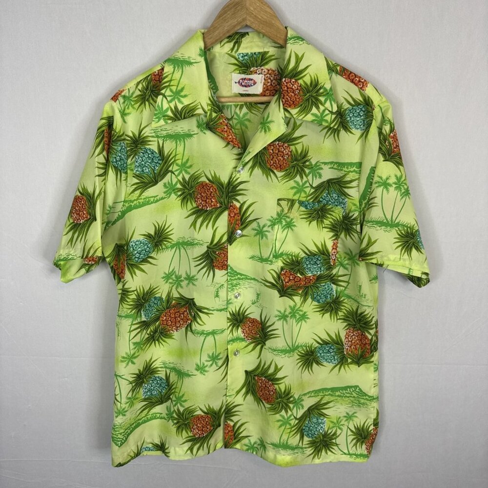Vintage Pomare Hawaii Pineapple Print Hawaiian Shirt Green‎ Short Sleeve Men’s L